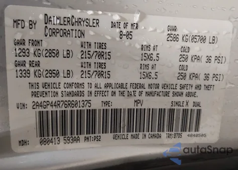 2006 Chrysler Town & Country Lx z USA, uszkodzony, nr VIN 2A4GP44R76R601375